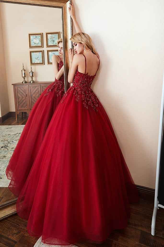 Chic Spaghetti Strap Sleeveless Beadings Long Prom Dress Red With Appliques