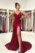 Burgundy Spaghetti-Strap Prom Dress with Slit BM bride