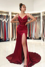 Burgundy Spaghetti-Strap Prom Dress with Slit BM bride