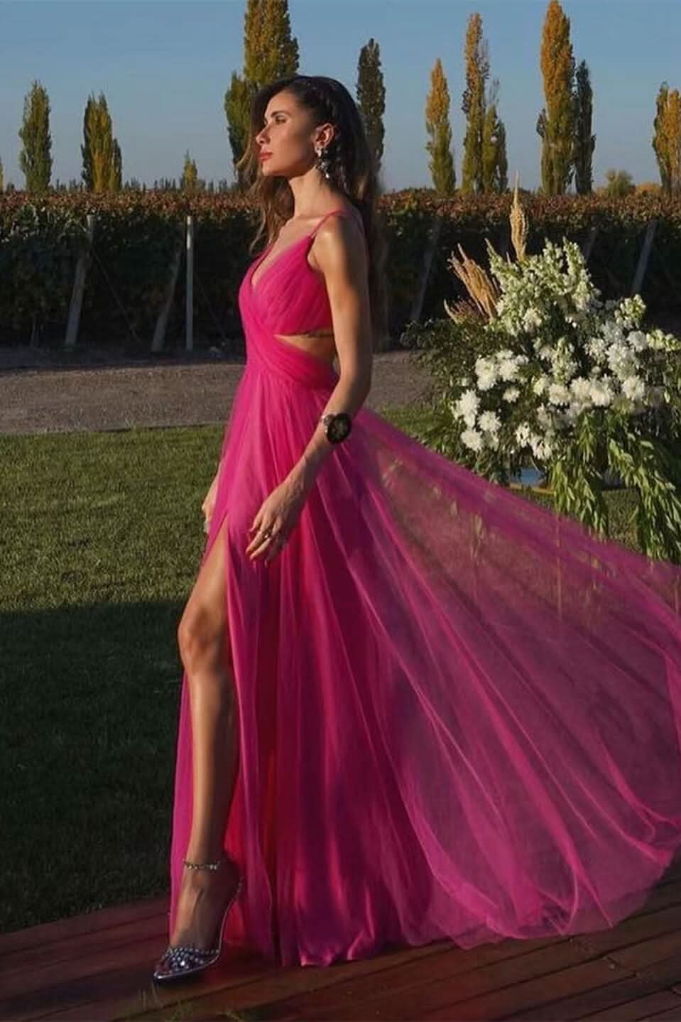 Fuchsia Spaghetti-Straps Tulle A-Line Prom Dress with Split BM bride