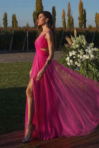 Fuchsia Spaghetti-Straps Tulle A-Line Prom Dress with Split BM bride