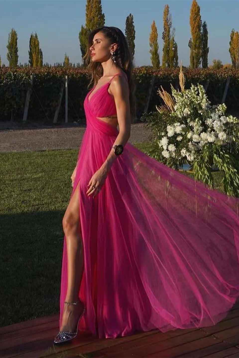 Fuchsia Spaghetti Strap Sleeveless A Line Prom Dress Tulle With Front Split