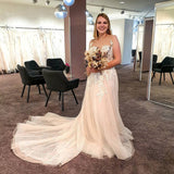 Long A-line Backless Wedding Dress With Tulle Lace Floor-length BM bride