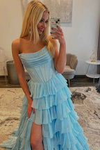 Navy Sparkly Strapless Corset A Line Long Chiffon Prom Dress