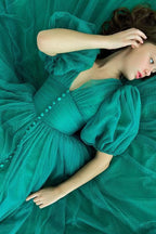 Dark Green V-Neck Short Sleeve A-Line Evening Dress On Sale BM bride