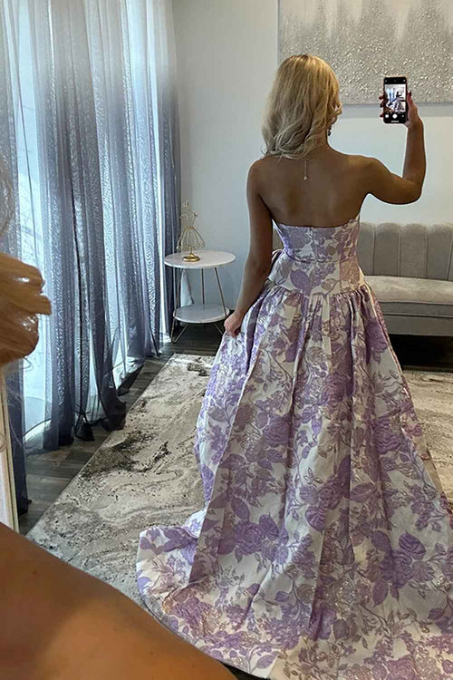 Purple Floral Sweetheart A Line Long Prom Dress with Bow BMBRIDE