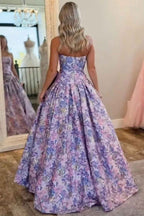 Purple Floral Sweetheart A Line Long Prom Dress with Bow