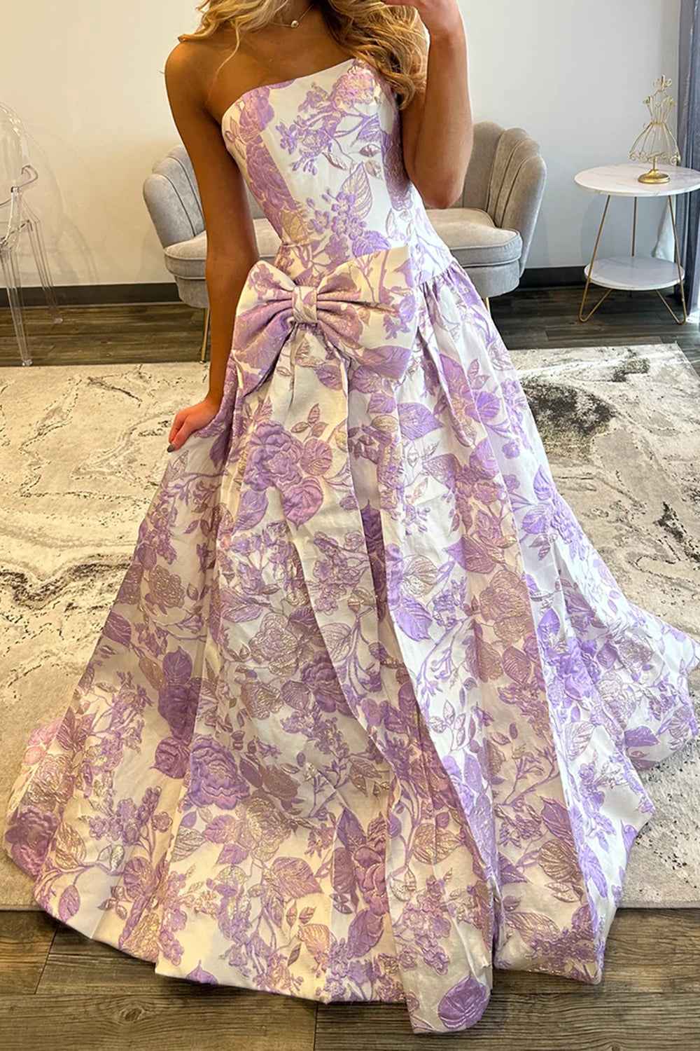 Purple Floral Sweetheart A Line Long Prom Dress with Bow