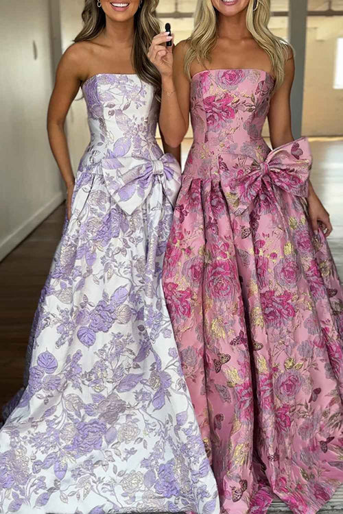 Purple Floral Sweetheart A Line Long Prom Dress with Bow BMBRIDE