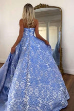 Floral Pink Strapless A Line Long Prom Dress with Slit