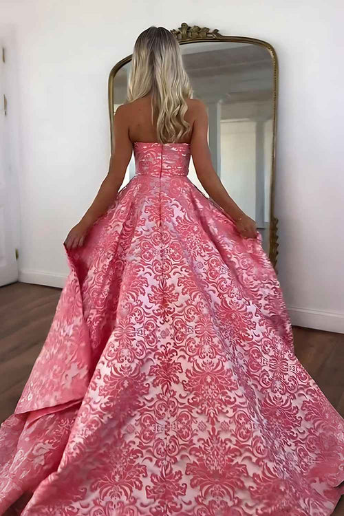Floral Pink Strapless A Line Long Prom Dress with Slit BMBRIDE
