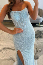 Sparkly Light Blue Mermaid Strapless Long Corset Prom Dress with Slit