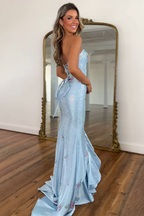 Sparkly White Mermaid Strapless Ruffled Long Beaded Prom Dress with Slit