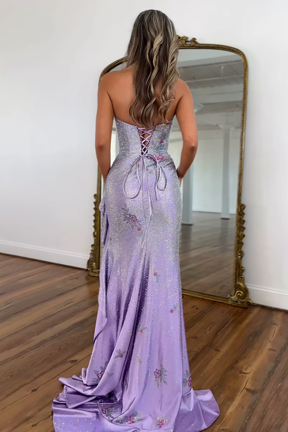Sparkly White Mermaid Strapless Ruffled Long Beaded Prom Dress with Slit