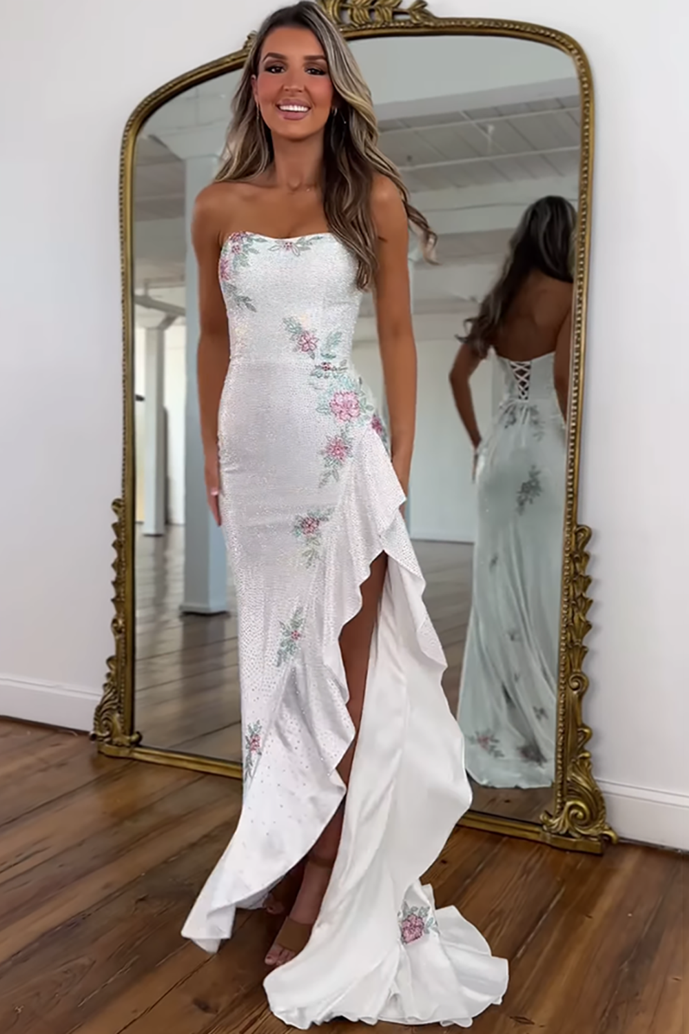 Sparkly White Mermaid Strapless Ruffled Long Beaded Prom Dress with Slit