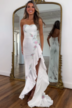 Sparkly White Mermaid Strapless Ruffled Long Beaded Prom Dress with Slit