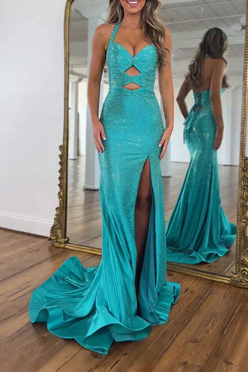 Sparkly Peacock Green Mermaid Satin Keyhole Long Beaded Prom Dress with Slit BMBRIDE