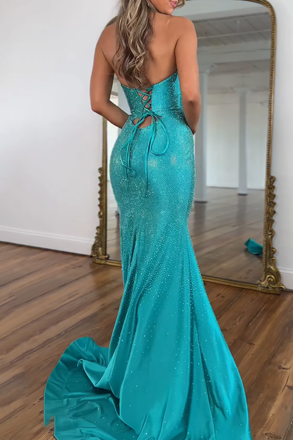 Sparkly Peacock Green Mermaid Satin Keyhole Long Beaded Prom Dress with Slit