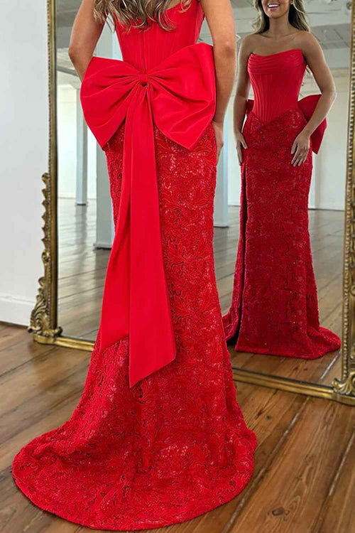 Red Lace Mermaid Strapless Long Corset Prom Dress with Bow BMBRIDE