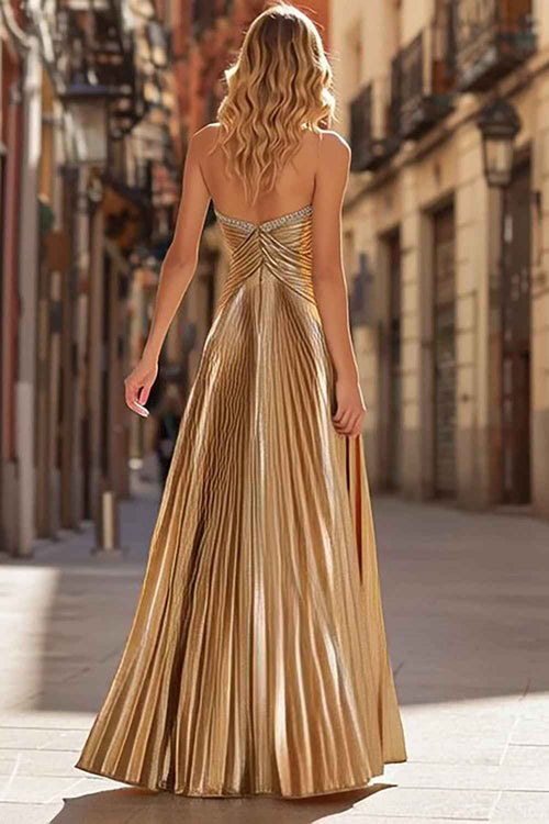 Metallic Gold A-Line Beaded Strapless Pleated Long Sparkly Prom Dress BMBRIDE