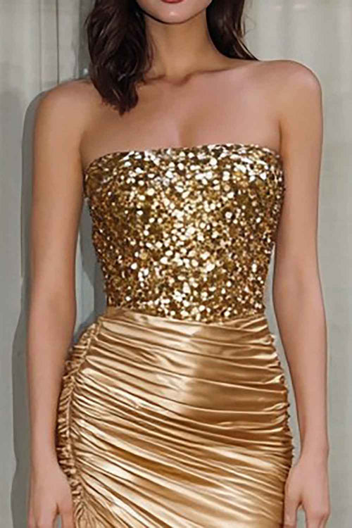 Sparkly Gold Mermaid Ruched Strapless Long Satin Prom Dress with Slit BMBRIDE