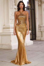 Sparkly Gold Mermaid Halter Ruched Long Prom Dress with Sequins