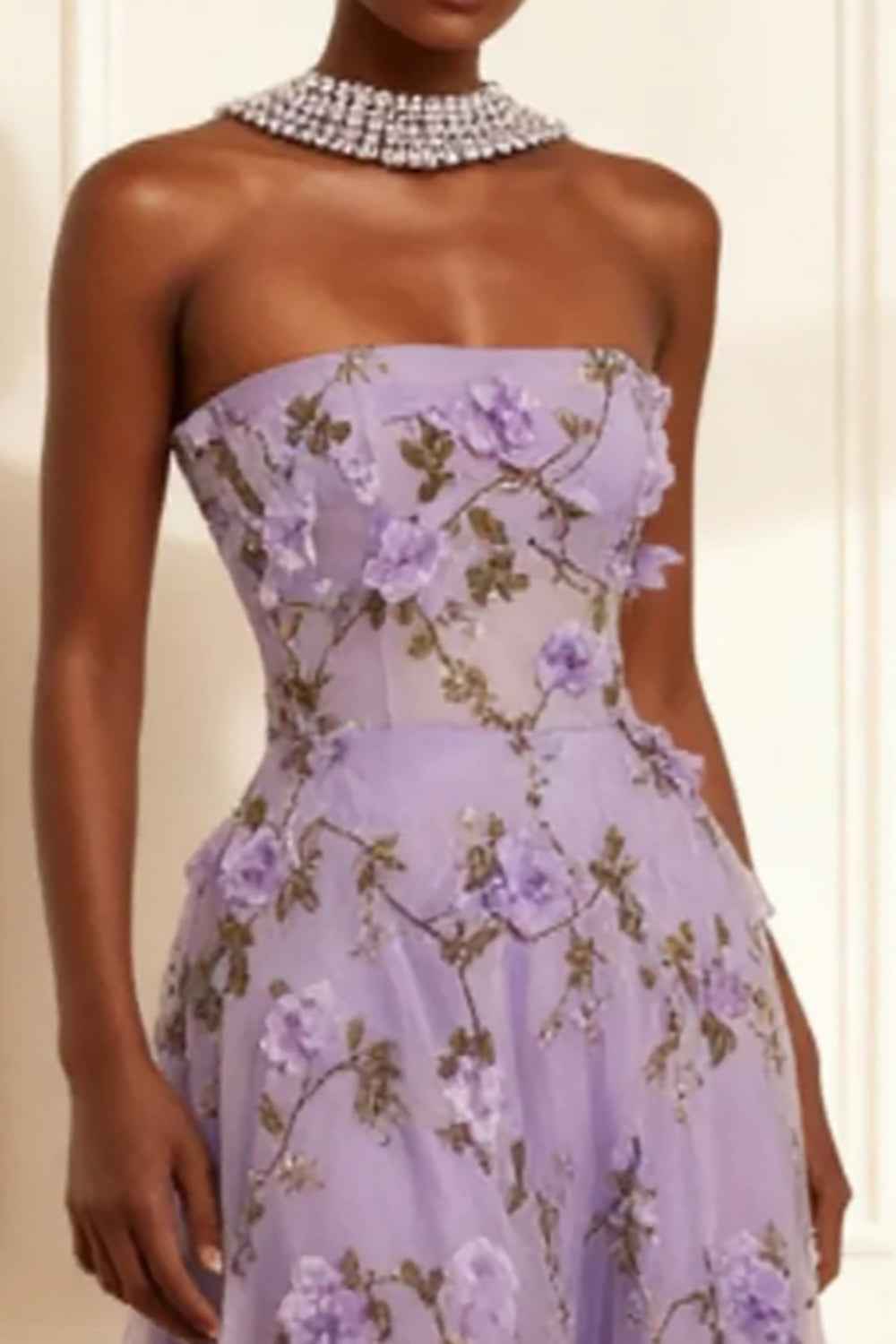 Floral Purple Strapless A Line Long Corset Prom Dress