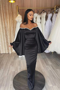 Off the Shoulder Long Sleeves Pleated Long Prom Dress With Beading BMBRIDE