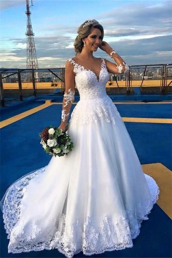V-Neck Long Sleeve A-Line Wedding Dress with Lace BM bride