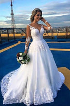 V-Neck Long Sleeve A-Line Wedding Dress with Lace BM bride