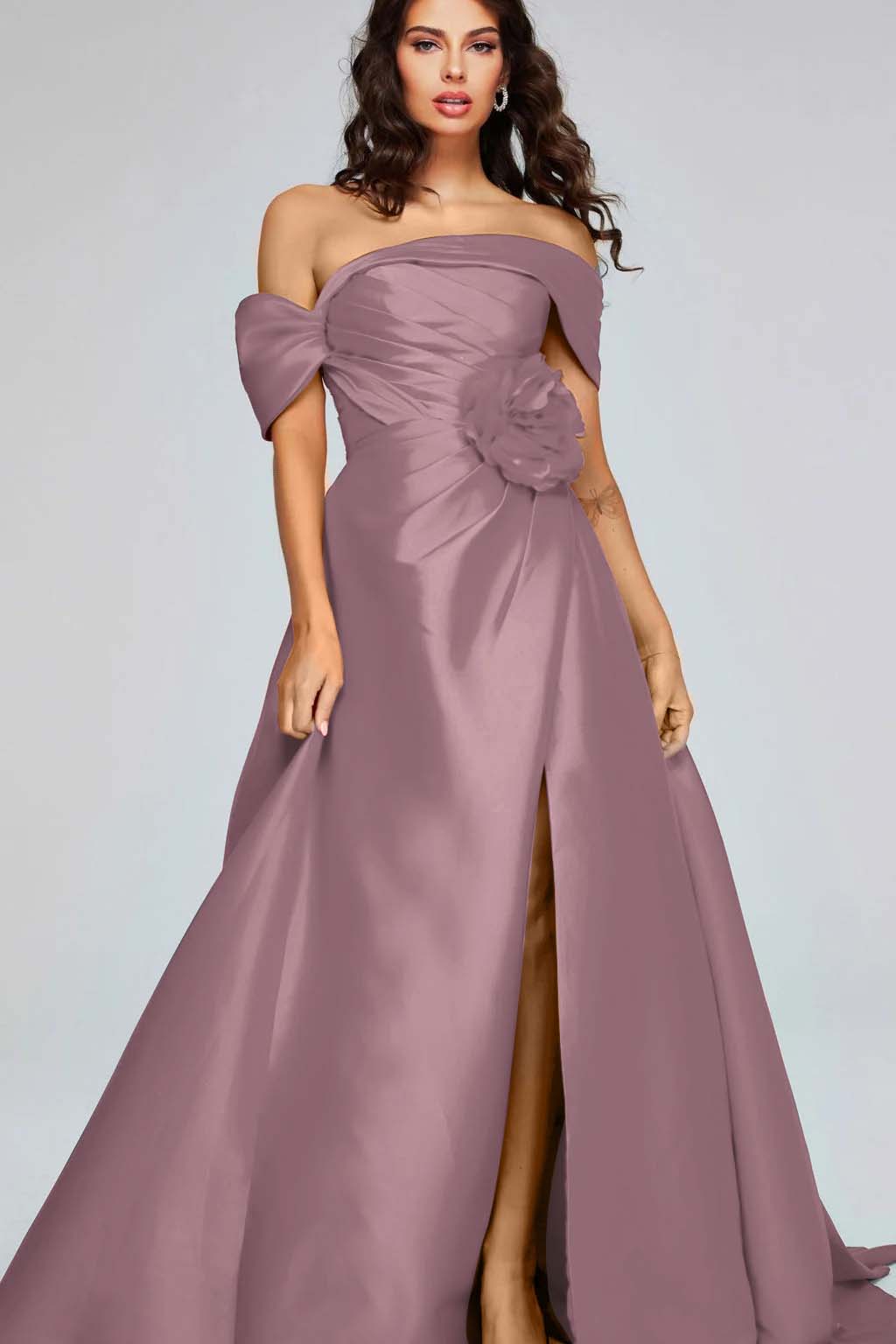 Off the Shoulder Sleeveless Long Split Prom Dress With Pleated BMBRIDE
