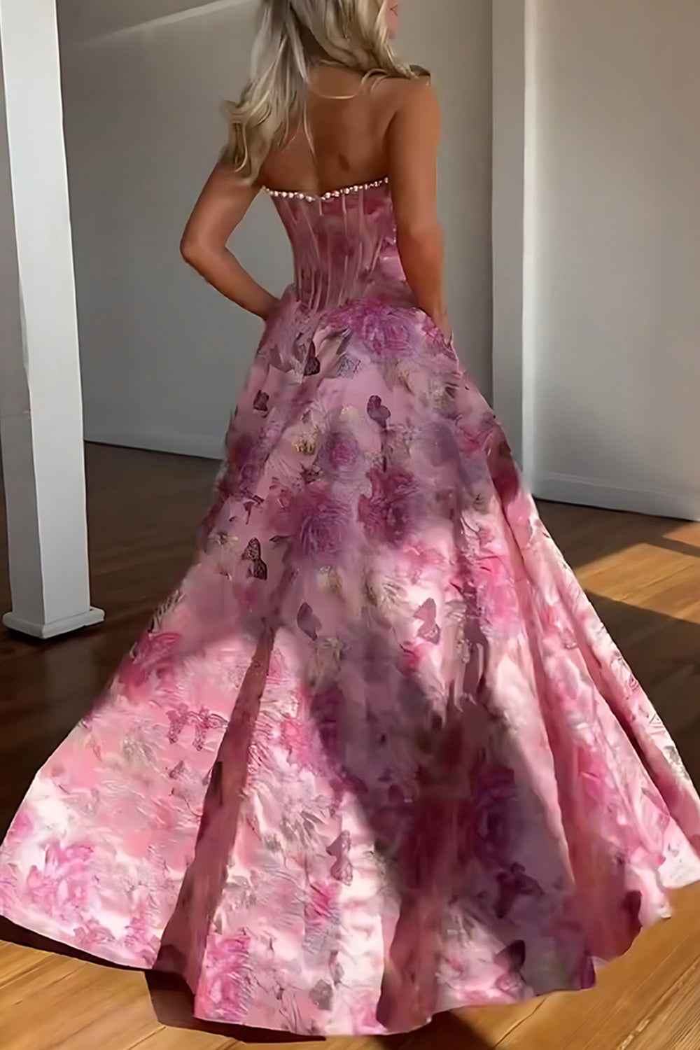 Sparkly Grey Blue Flower Strapless A-Line Long Corset Prom Dress with Beading