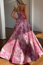 Sparkly Grey Blue Flower Strapless A-Line Long Corset Prom Dress with Beading