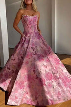 Sparkly Grey Blue Flower Strapless A-Line Long Corset Prom Dress with Beading