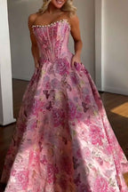 Sparkly Grey Blue Flower Strapless A-Line Long Corset Prom Dress with Beading