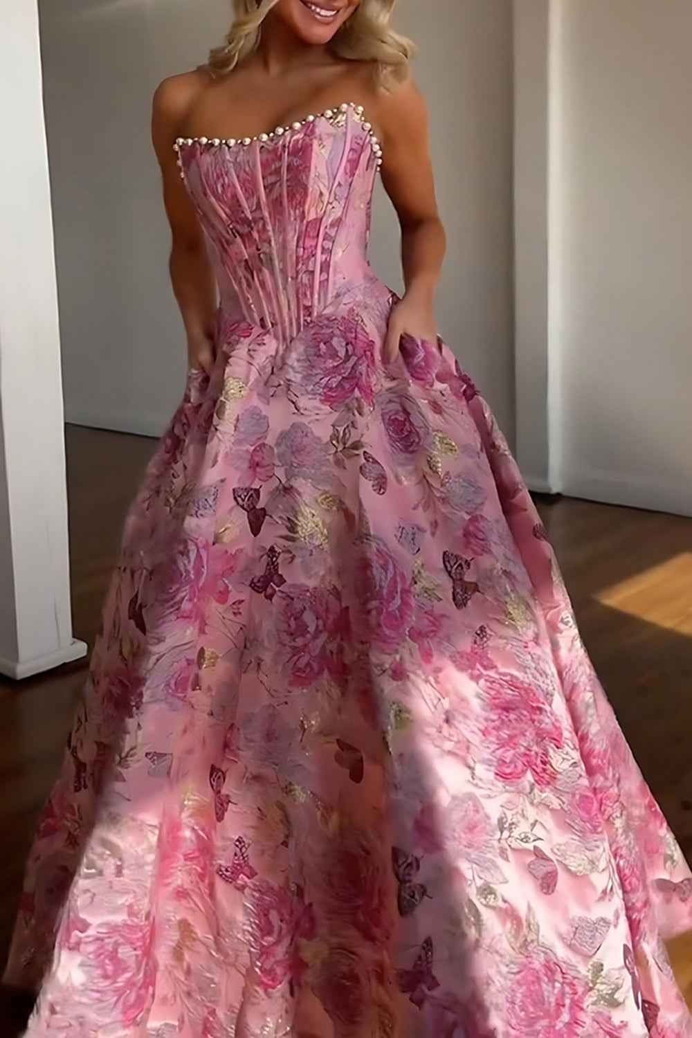 Sparkly Grey Blue Flower Strapless A-Line Long Corset Prom Dress with Beading