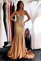 Sparkly Golden Mermaid Satin Spaghetti Straps Long Beaded Prom Dress with Slit