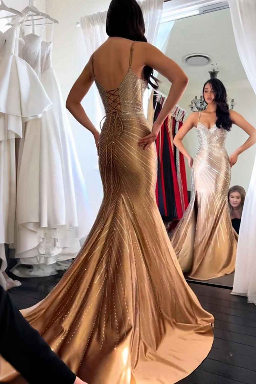 Sparkly Golden Mermaid Satin Spaghetti Straps Long Beaded Prom Dress with Slit