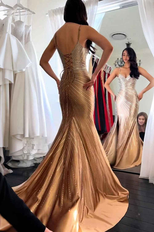Sparkly Golden Mermaid Satin Spaghetti Straps Long Beaded Prom Dress with Slit BMBRIDE