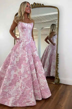 Sparkly Grey Blue Flower Strapless A-Line Long Corset Prom Dress with Beading