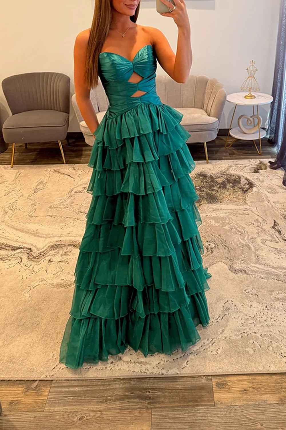 Fuchsia A-Line Sweetheart Tiered Cut Out Long Prom Dress with Slit