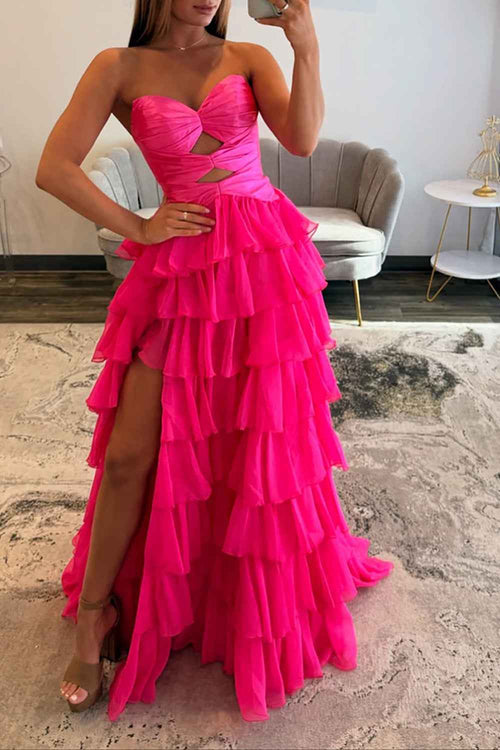 Fuchsia A-Line Sweetheart Tiered Cut Out Long Prom Dress with Slit BMBRIDE