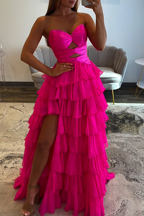 Fuchsia A-Line Sweetheart Tiered Cut Out Long Prom Dress with Slit BMBRIDE