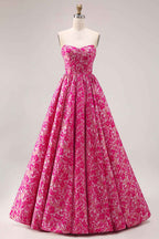 Fuchsia Floral Ball Gown Strapless Long Corset Prom Dress