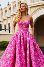 Fuchsia Floral Ball Gown Strapless Long Corset Prom Dress