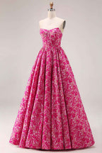 Fuchsia Floral Ball Gown Strapless Long Corset Prom Dress