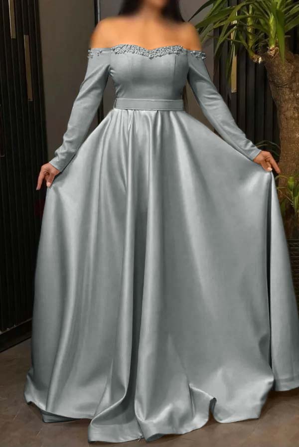 Off the Shoulder Long Sleeves Long Prom Dress With Pleated Beading BMBRIDE