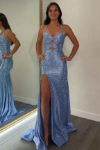 Sparkly Peacock Green Mermaid Satin Keyhole Long Beaded Prom Dress with Slit