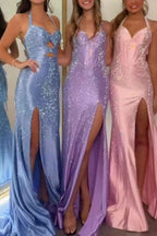 Sparkly Peacock Green Mermaid Satin Keyhole Long Beaded Prom Dress with Slit