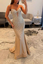 Sparkly Gold Keyhole Mermaid Satin Long Prom Dress with Beading